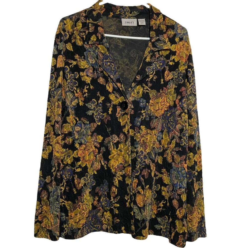 Chicos Travelers Blazer Slinky Art to Wear Floral Button Collar Black 2 L